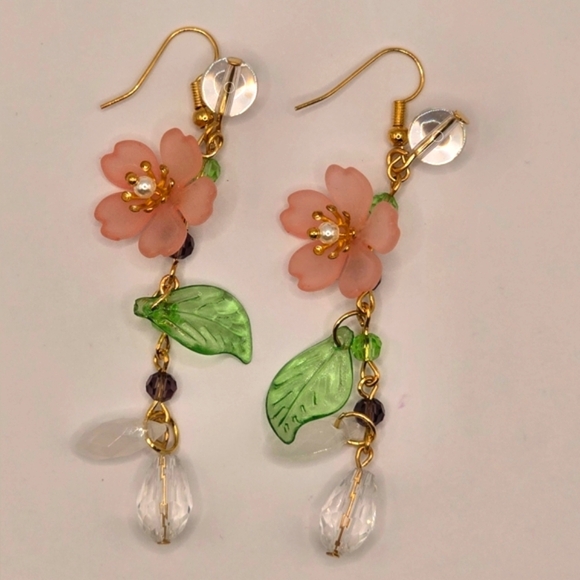 Floral Gold and Green Dangle Earrings - Picture 3 of 4